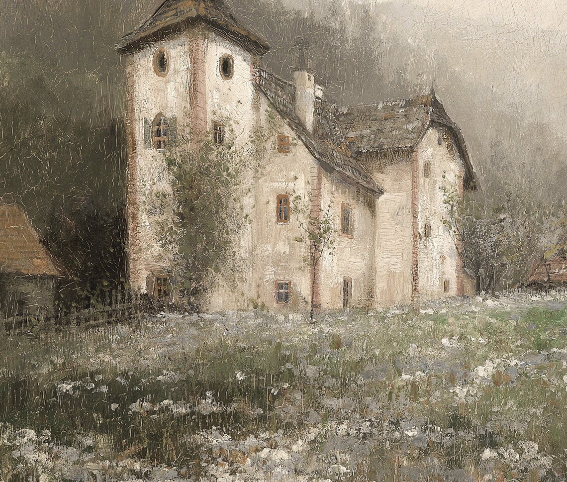 Church On The Hill Vintage Village Landscape Art Print - Image 3