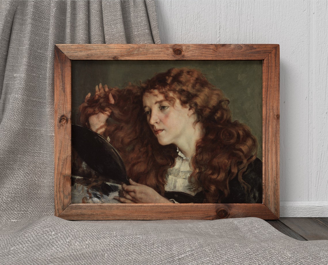 Redhead Woman Gazing Into Hand Mirror Long Copper Curls Portrait Print - Image 4