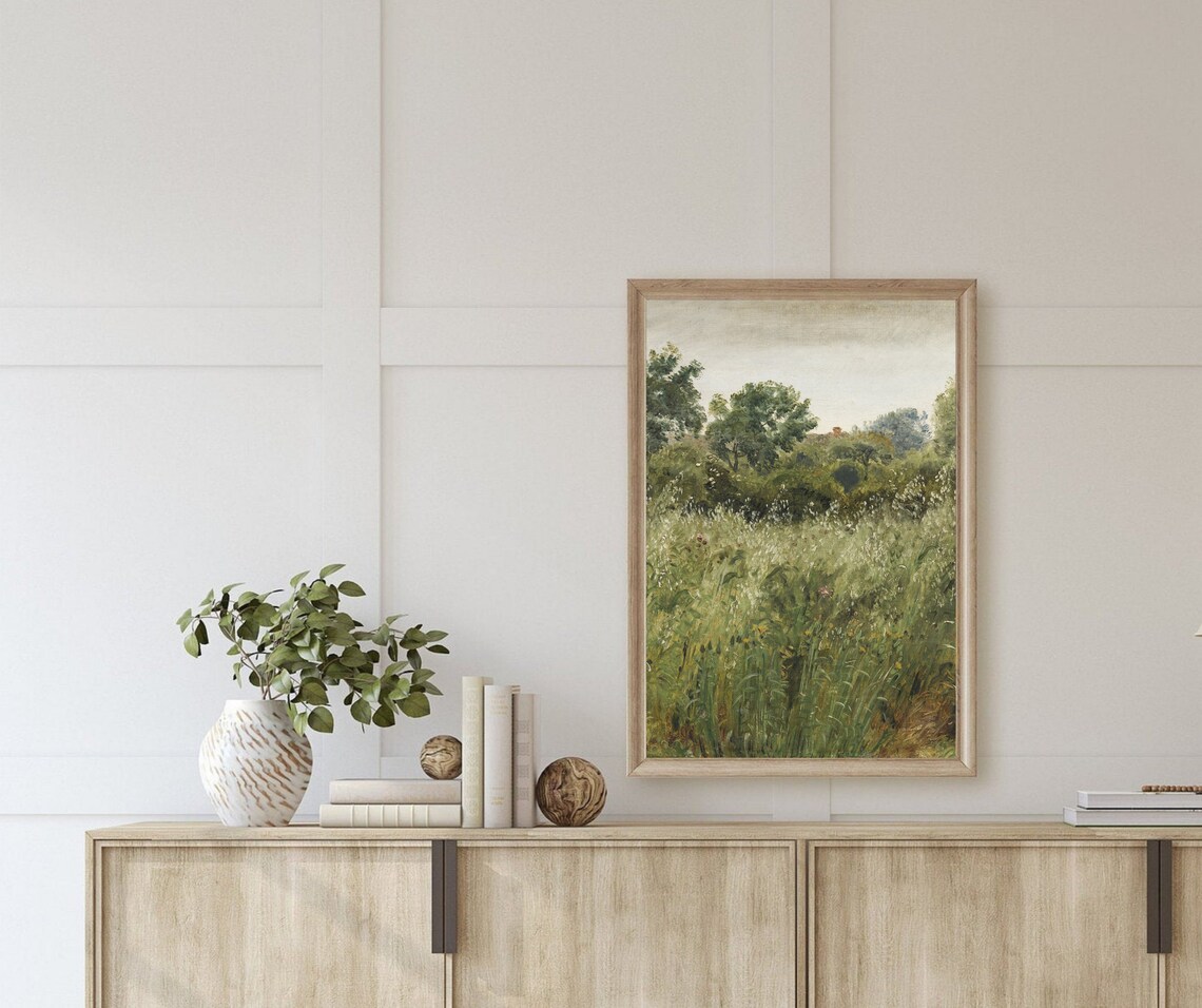 Oat Field Vintage Green Grass Oil Painting Art - Image 4