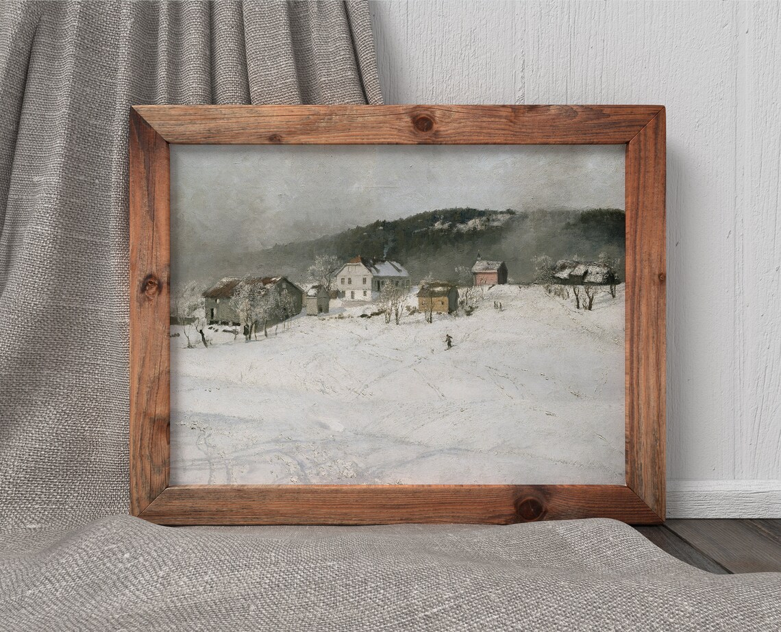 Winter Village Landscape Vintage Snowy Scene Art - Image 3