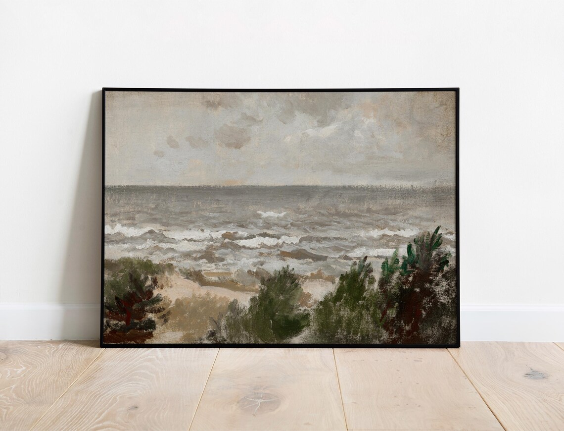 Windy Day Coastal Scene Choppy Waves Dune Grass Grey Sky Seascape Poster - Image 2