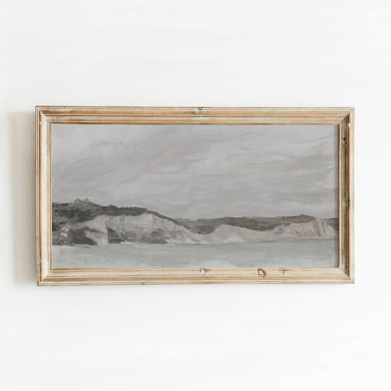 Grey Minimal Coastal Scene White Chalk Cliffs Calm Sea Horizon Poster