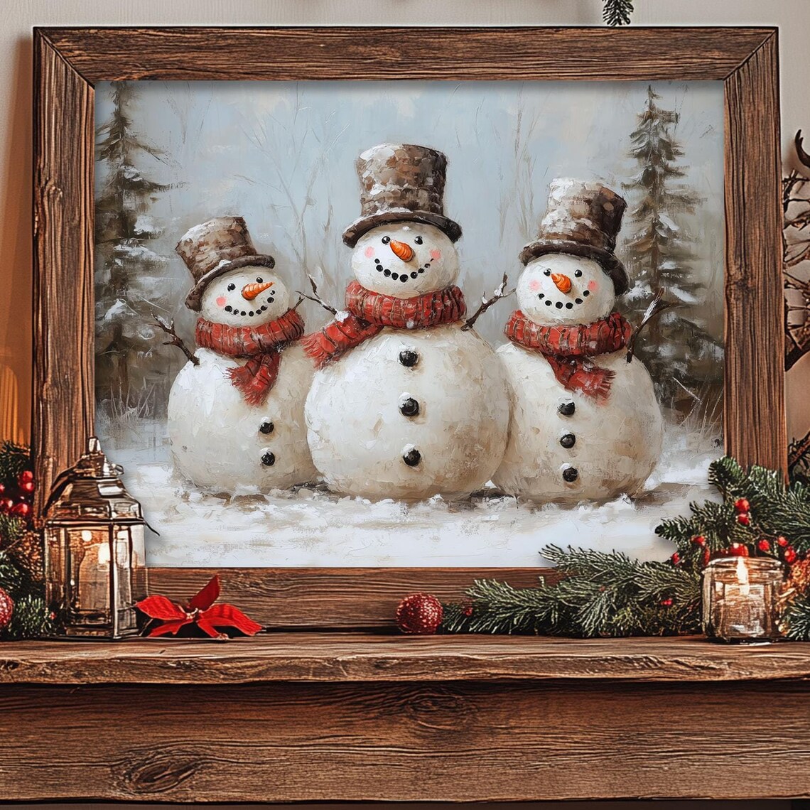 Vintage Snowman Family Christmas Art Print, Farmhouse