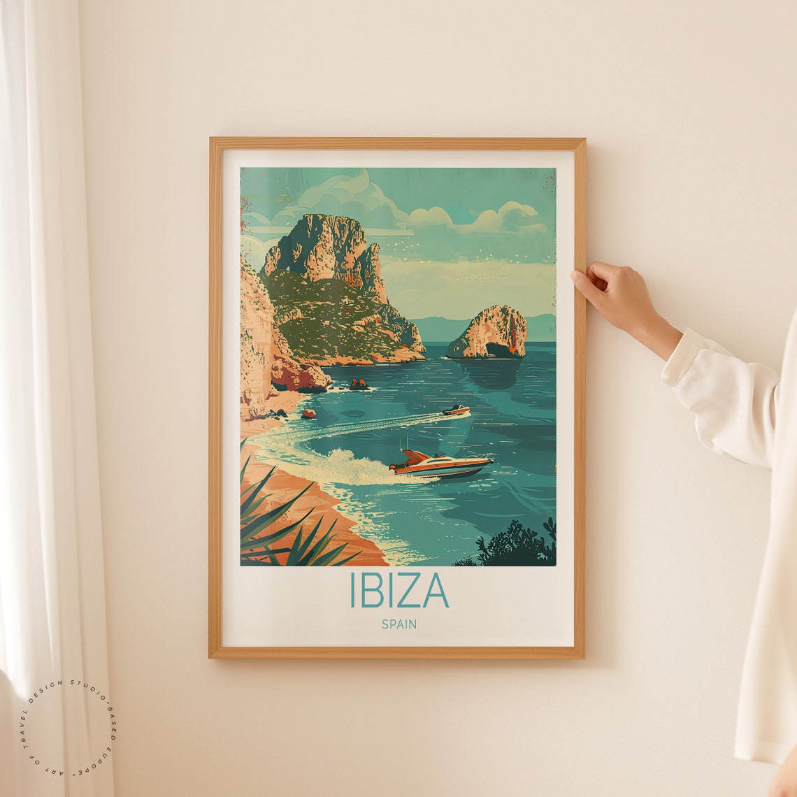 Ibiza Spain Rocky Coast Speedboats Retro Vintage Travel Poster - Image 2