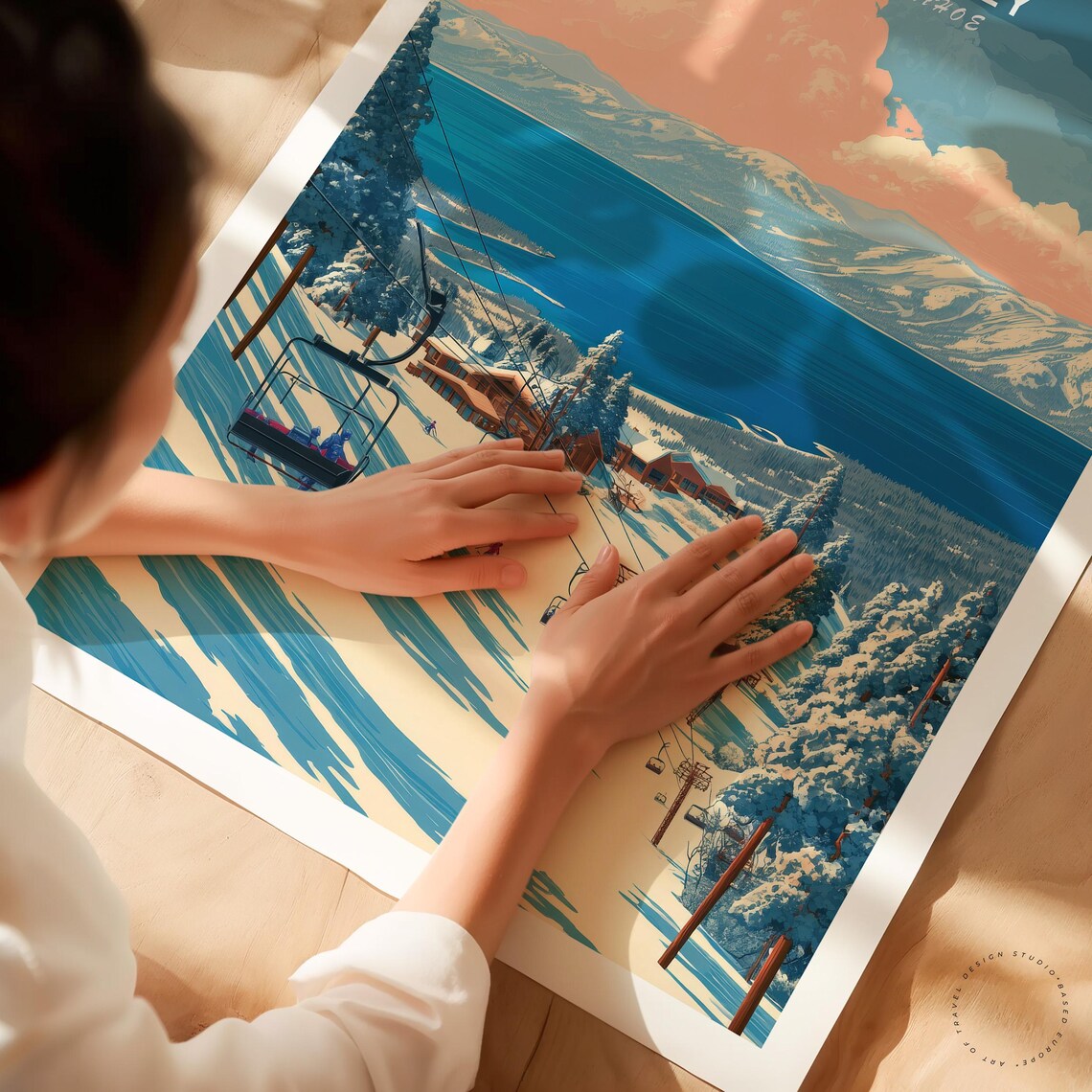 Heavenly South Tahoe Lake View Ski Slope Pink Clouds Vintage Poster - Image 3
