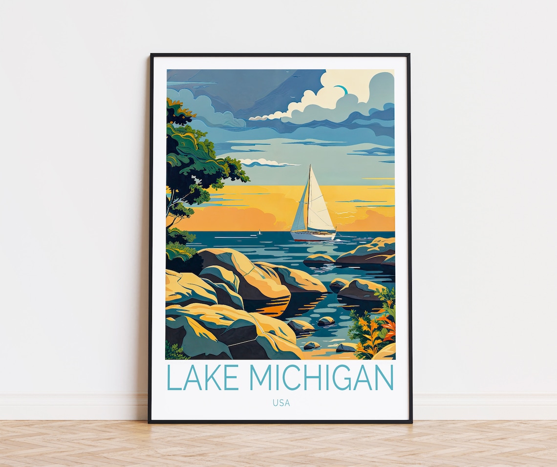 Lake Michigan Travel Poster, USA Sunset Art Print