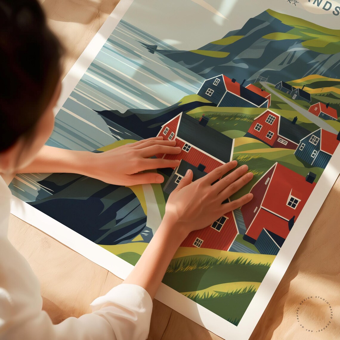 Faroe Islands Denmark Red Cliffside Cottages Vintage Travel Art Poster - Image 3