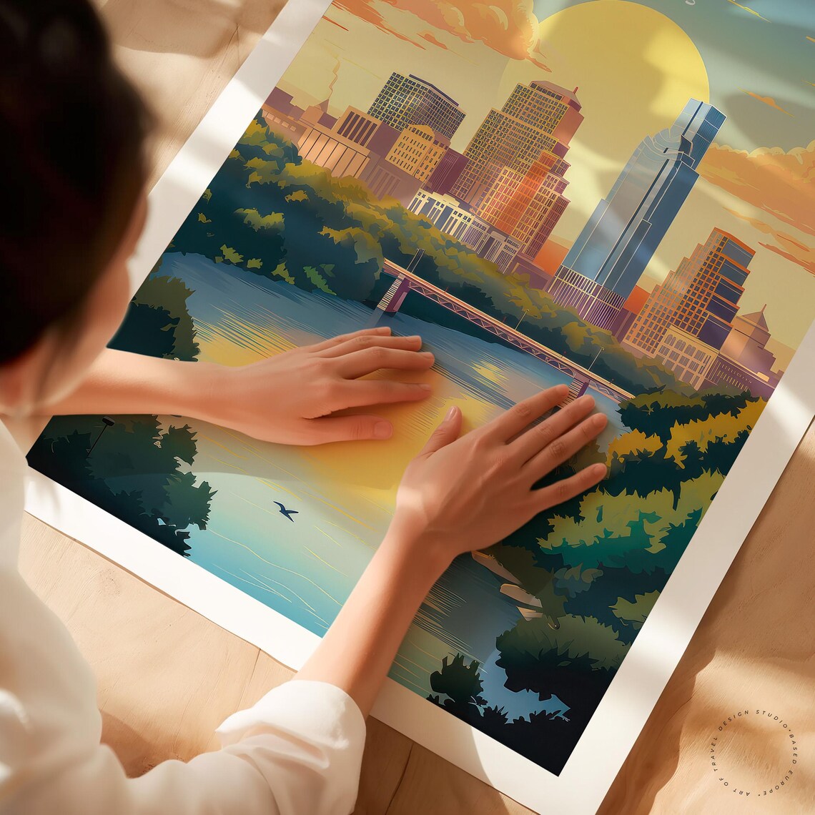Austin Texas Skyline Sunset Colorado River Bridge Cityscape Art Poster - Image 3