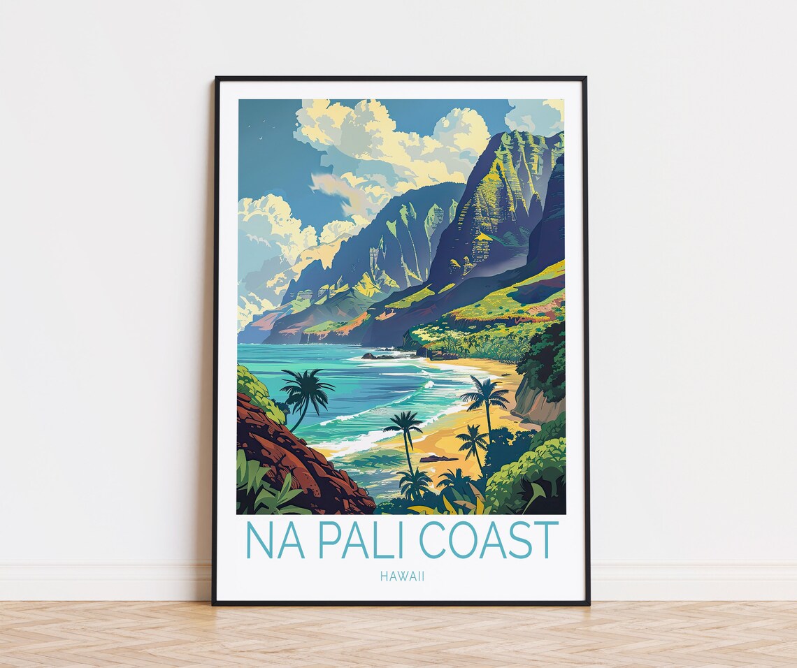 Na Pali Coast Hawaii Sea Cliffs Golden Beach Palm Trees Poster