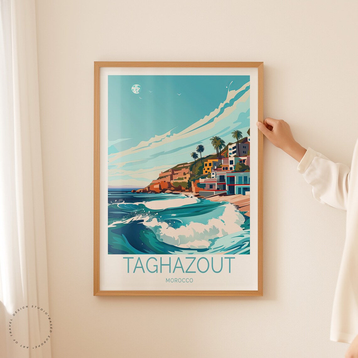 Taghazout Morocco Crashing Ocean Wave Cliffside Town Travel Poster - Image 2