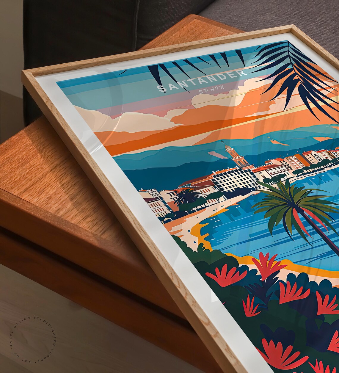 Santander Spain Bay Glowing Sunset Sailboats Palm Shore Poster - Image 3