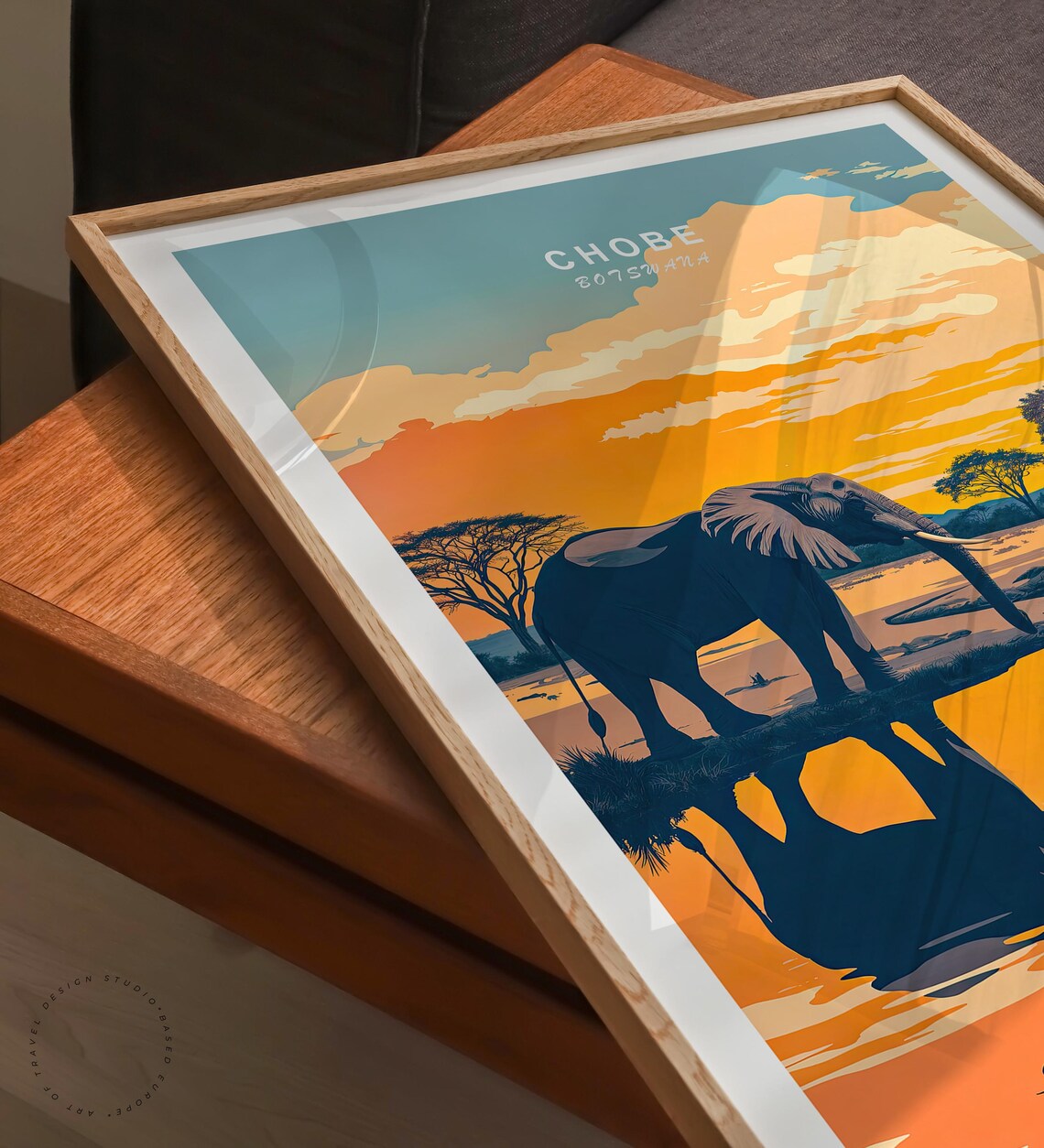 Chobe Botswana Elephants Waterhole Golden Sunset Safari Travel Poster - Image 3