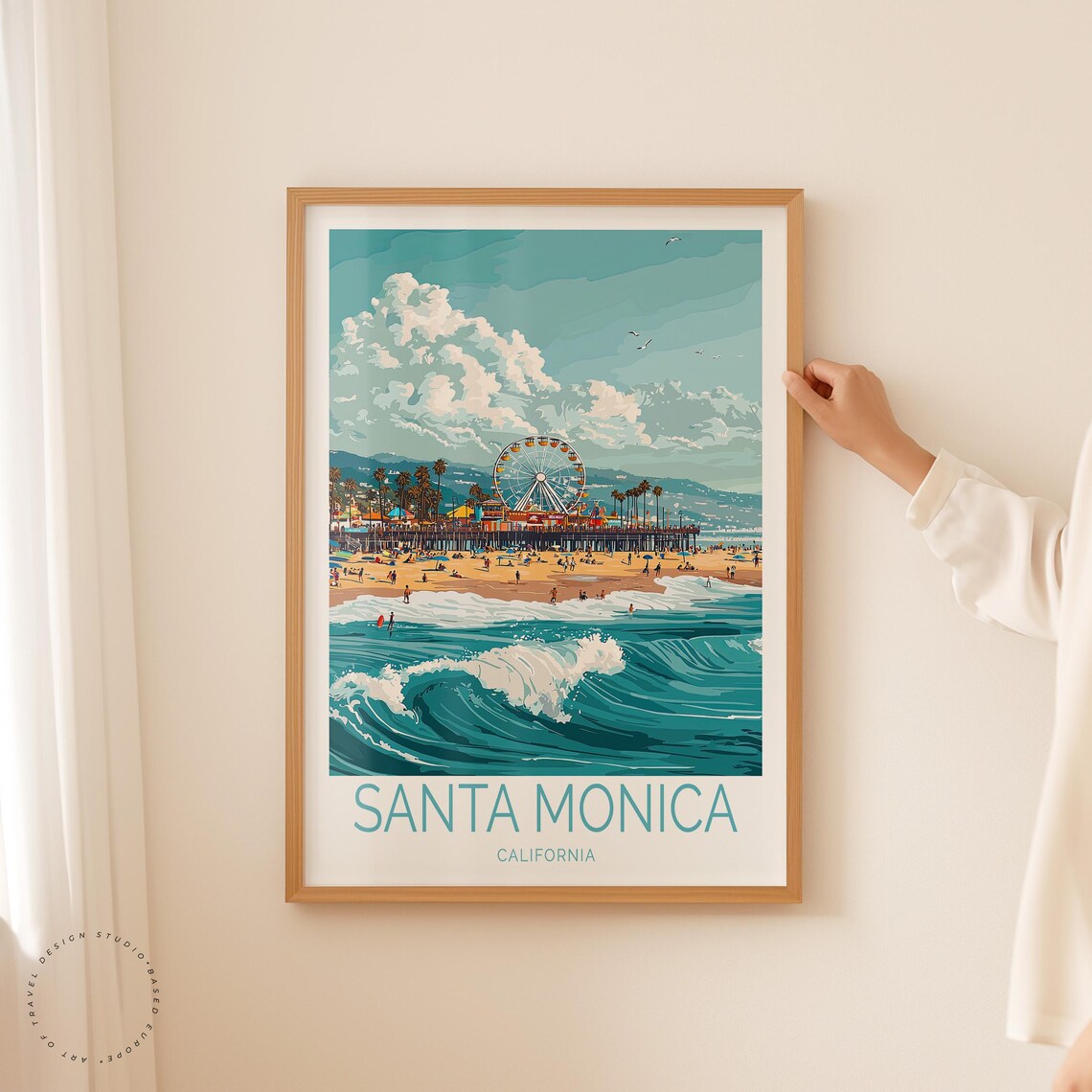Santa Monica California Pier Over Breaking Ocean Waves Travel Poster - Image 2