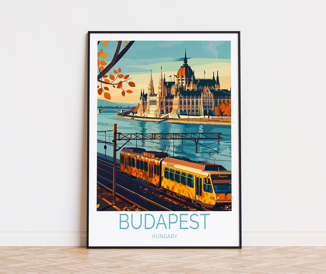 Budapest Hungary Parliament Yellow Tram Autumn Riverside Poster