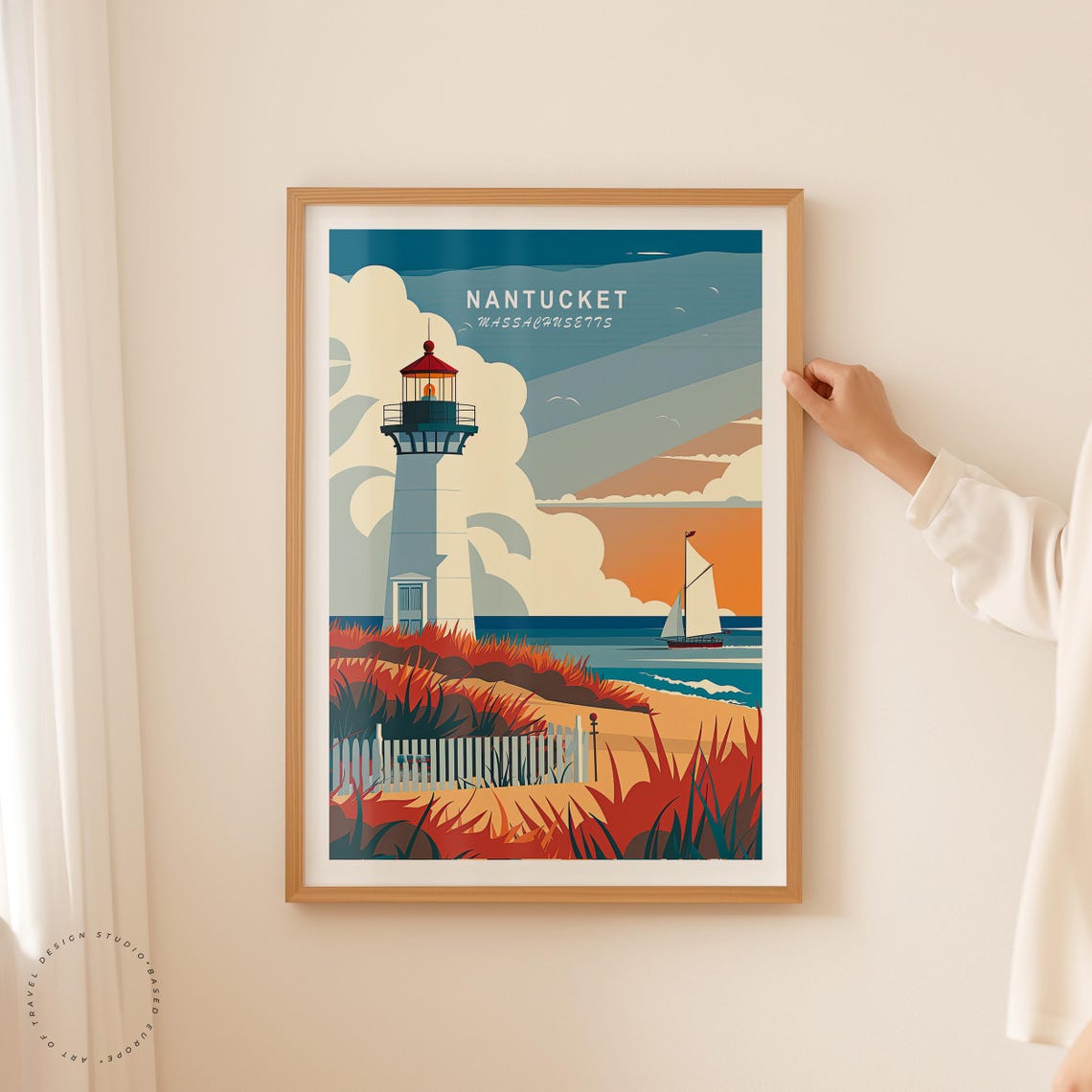 Nantucket Massachusetts Lighthouse Sunset Sailboat Beach Poster - Image 2