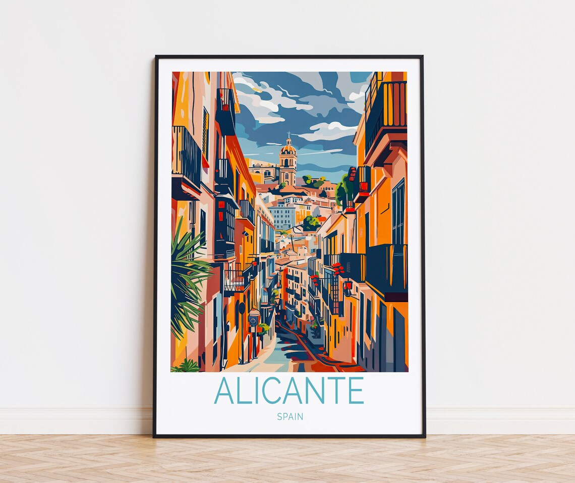 Alicante Spain Colorful Old Town Street With Church Tower Poster