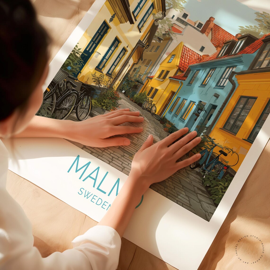 Malmo Sweden Cobblestone Lane Colorful Townhouses Travel Poster - Image 3