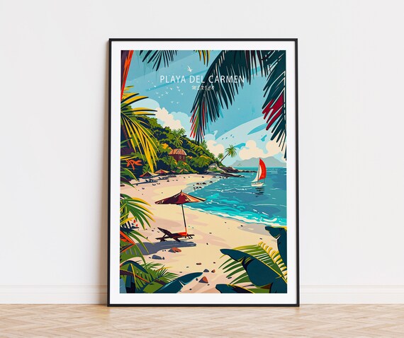 Playa del Carmen Mexico Beach Umbrella Sailboat Caribbean Poster