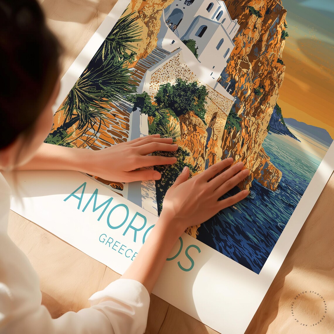 Amorgos Greece Cliffside Monastery Aegean Sunset Travel Art Poster - Image 3