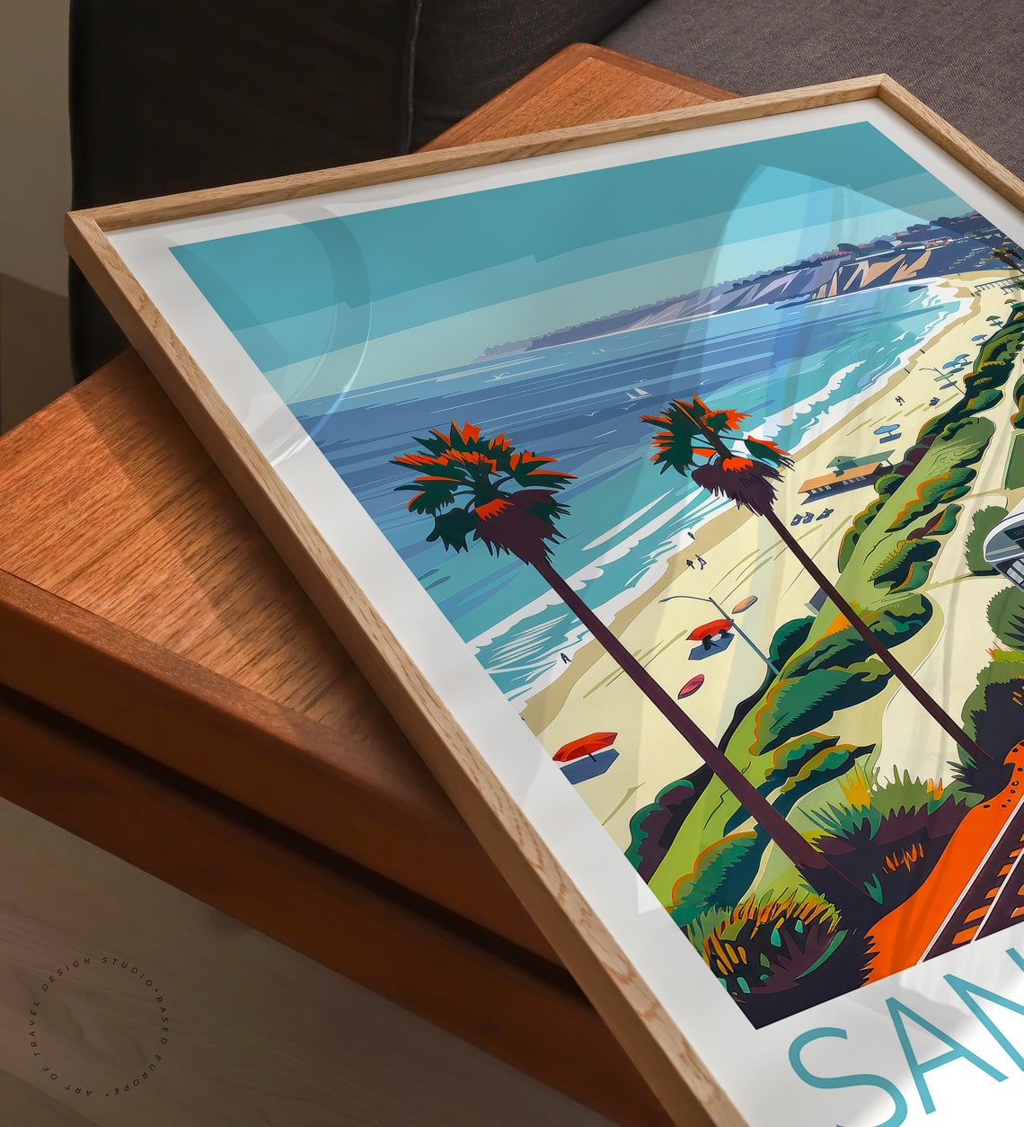 San Clemente California Coastal Train Beach Palm Scene Wall Art - Image 3