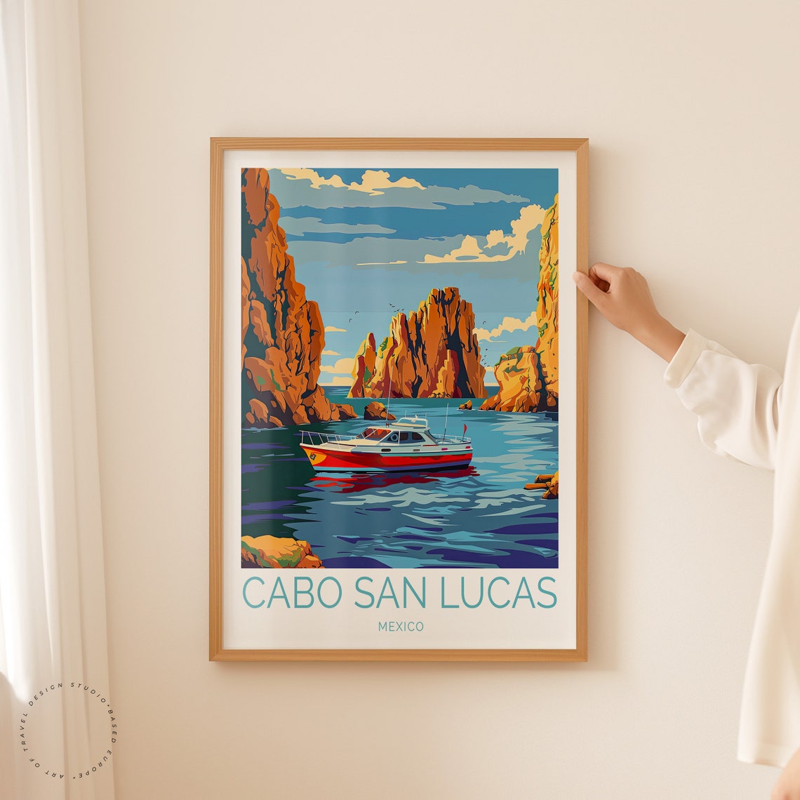 Cabo San Lucas Mexico Motorboat Between Towering Cliffs Poster - Image 2