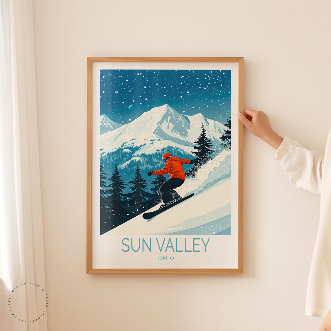 Sun Valley Idaho Snowboarder Carving Fresh Powder At Night Poster - Image 2