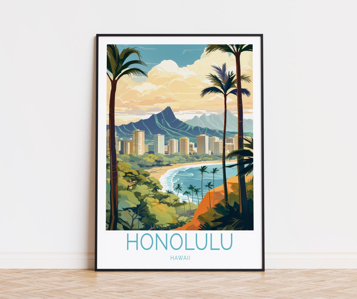 Honolulu Hawaii Diamond Head Waikiki Beach Vintage Travel Poster