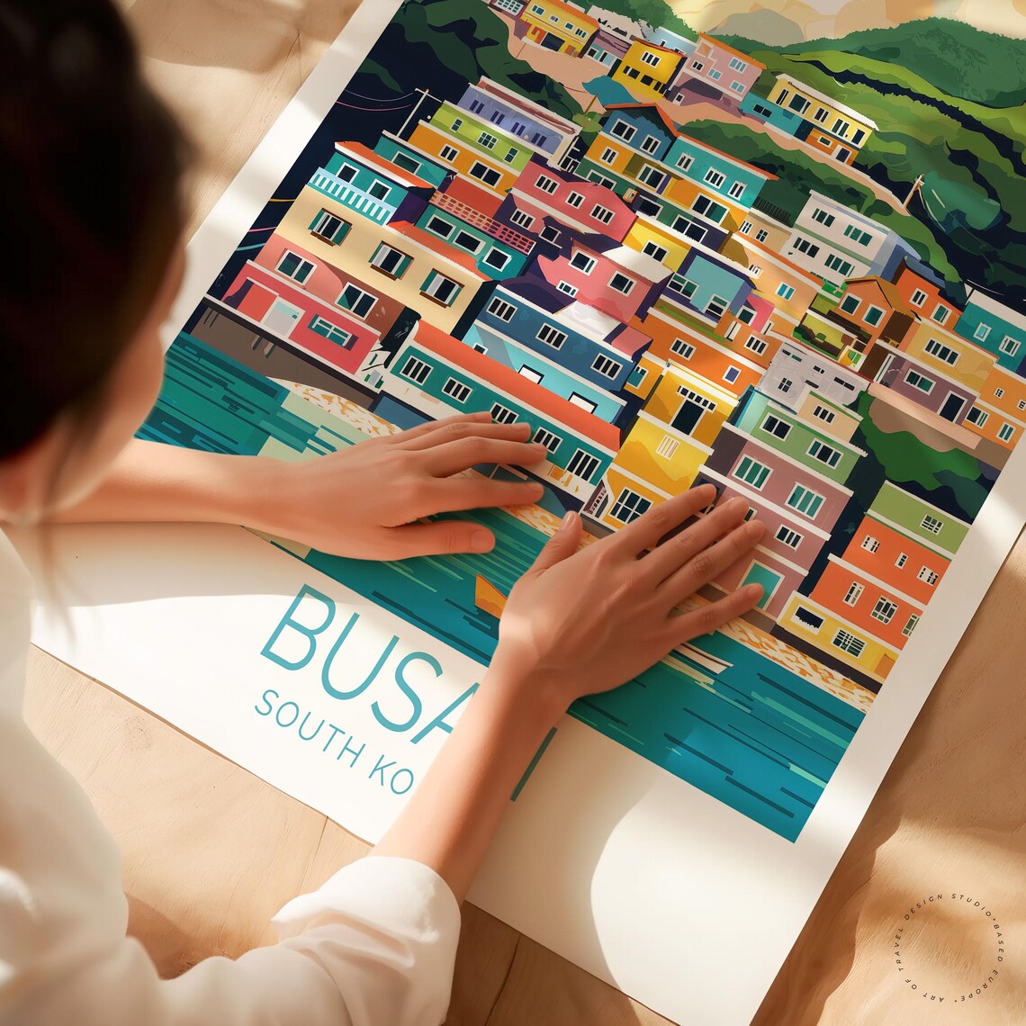 Busan South Korea Colorful Hillside Village Harbor Travel Poster - Image 3