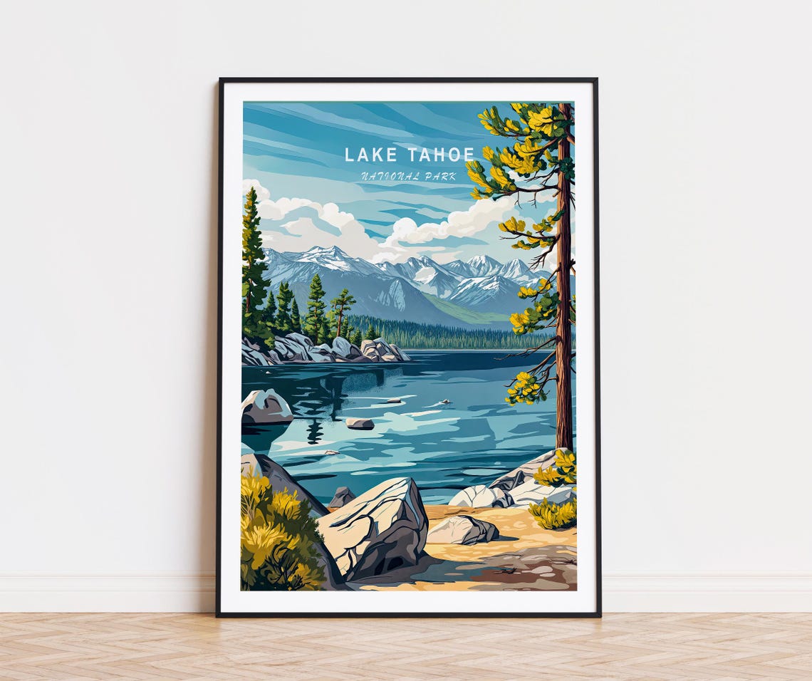 Lake Tahoe Rocky Shoreline Deep Blue Water Sky Caption Poster