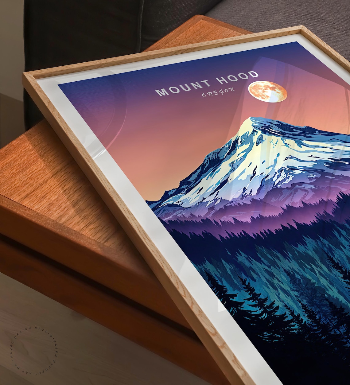 Mount Hood Oregon Sunset Moon Over Snowy Peak and Forest Poster - Image 3