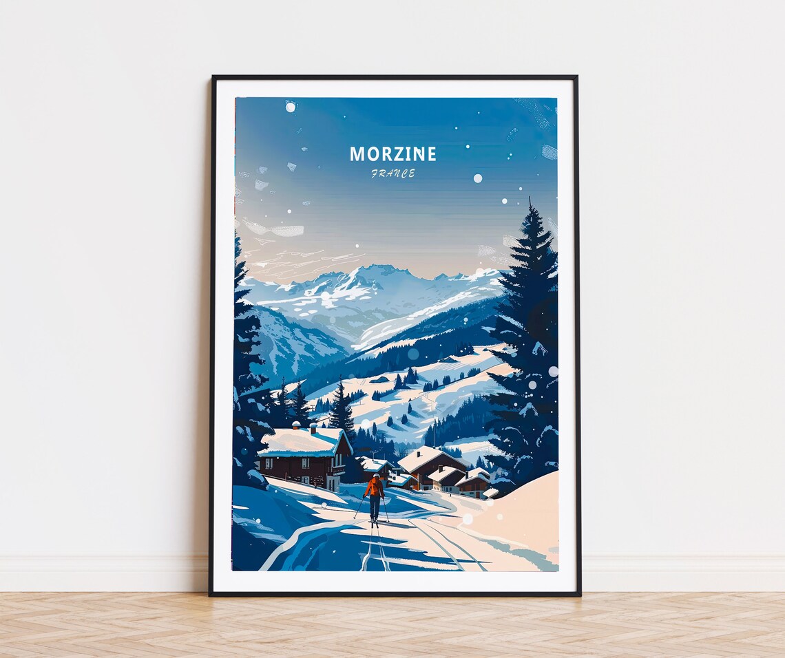 Morzine France Alpine Village Skier Snowy Mountain Trail Poster