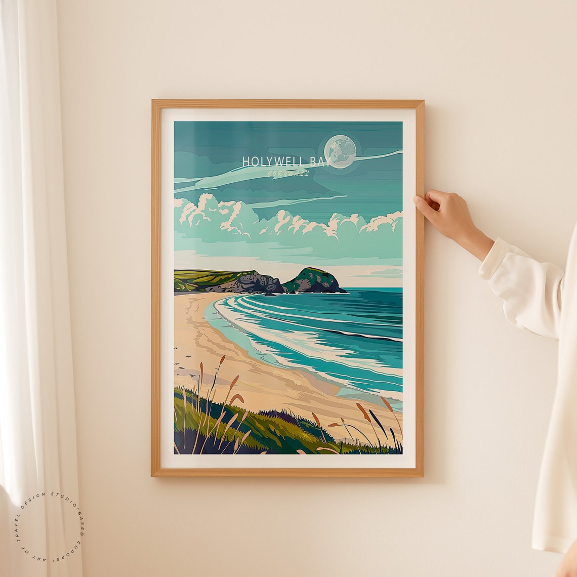 Holywell Bay Cornwall Surf Beach Moonrise Over Cornish Ocean Poster - Image 2