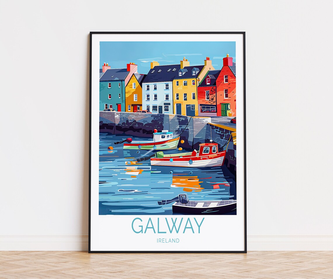 Galway Ireland Colorful Harbor Boats Quayside Bottom Title Poster