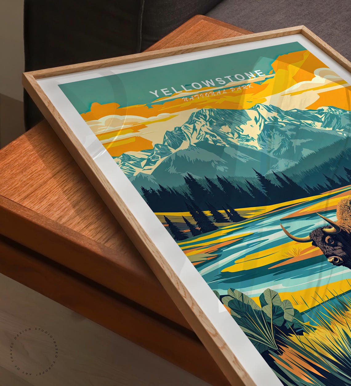 Yellowstone Bison Sunset River Sky Lettering Wildlife Poster - Image 3