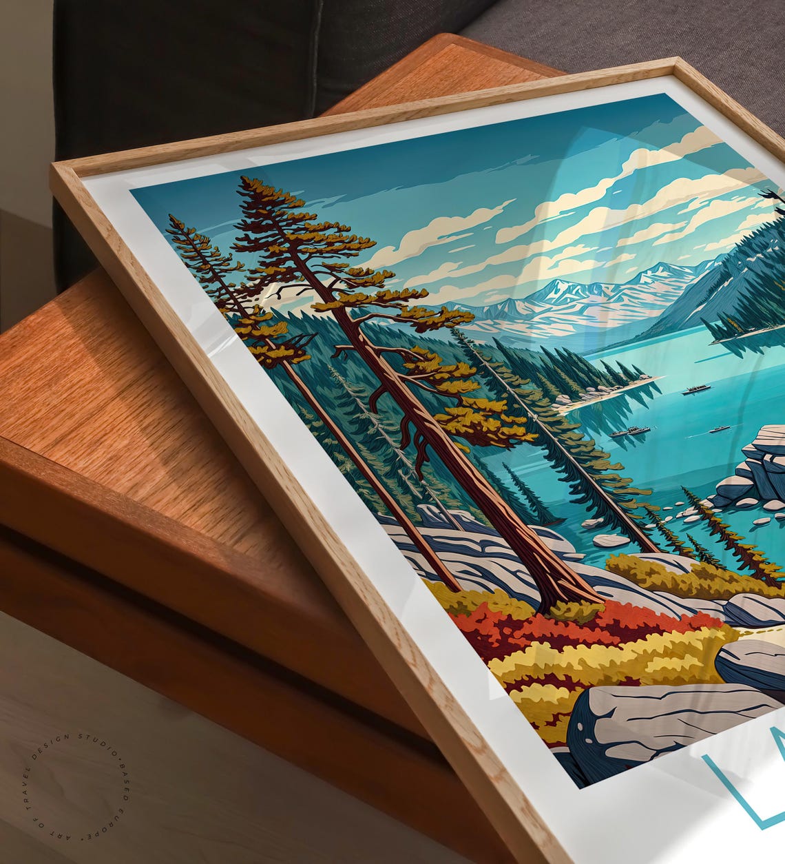 Lake Tahoe Turquoise Lake Boats Pine Shores Caption Below Poster - Image 3