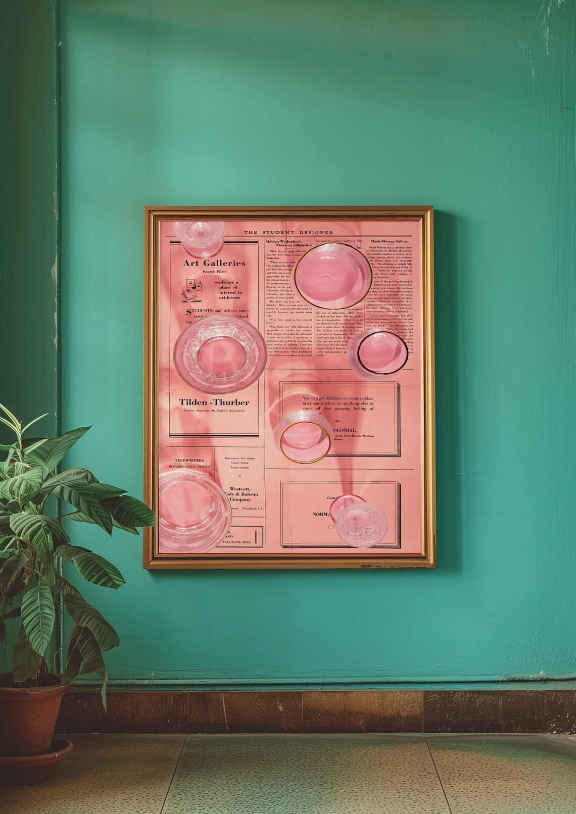 Pink Newspaper Typography Collage with Floating Glass Discs Poster - Image 3