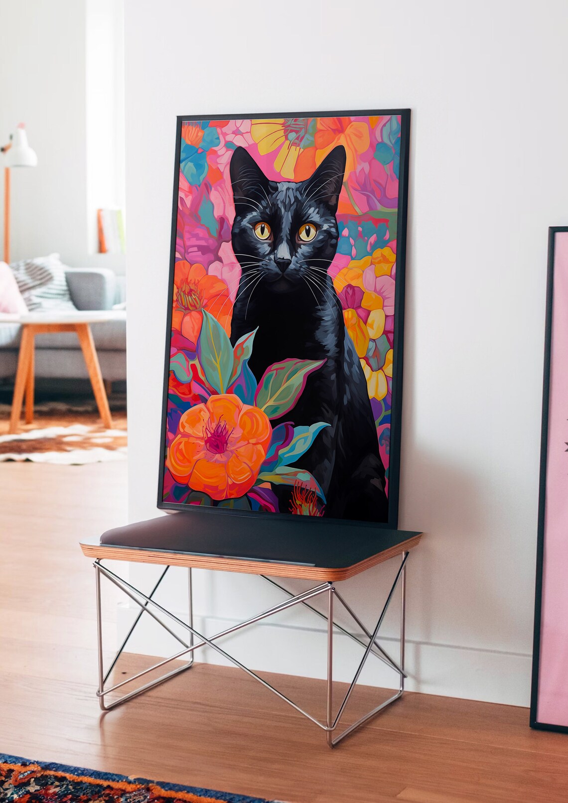 Black Cat Floral Portrait Tropical Blooms Maximalist Art Poster - Image 3