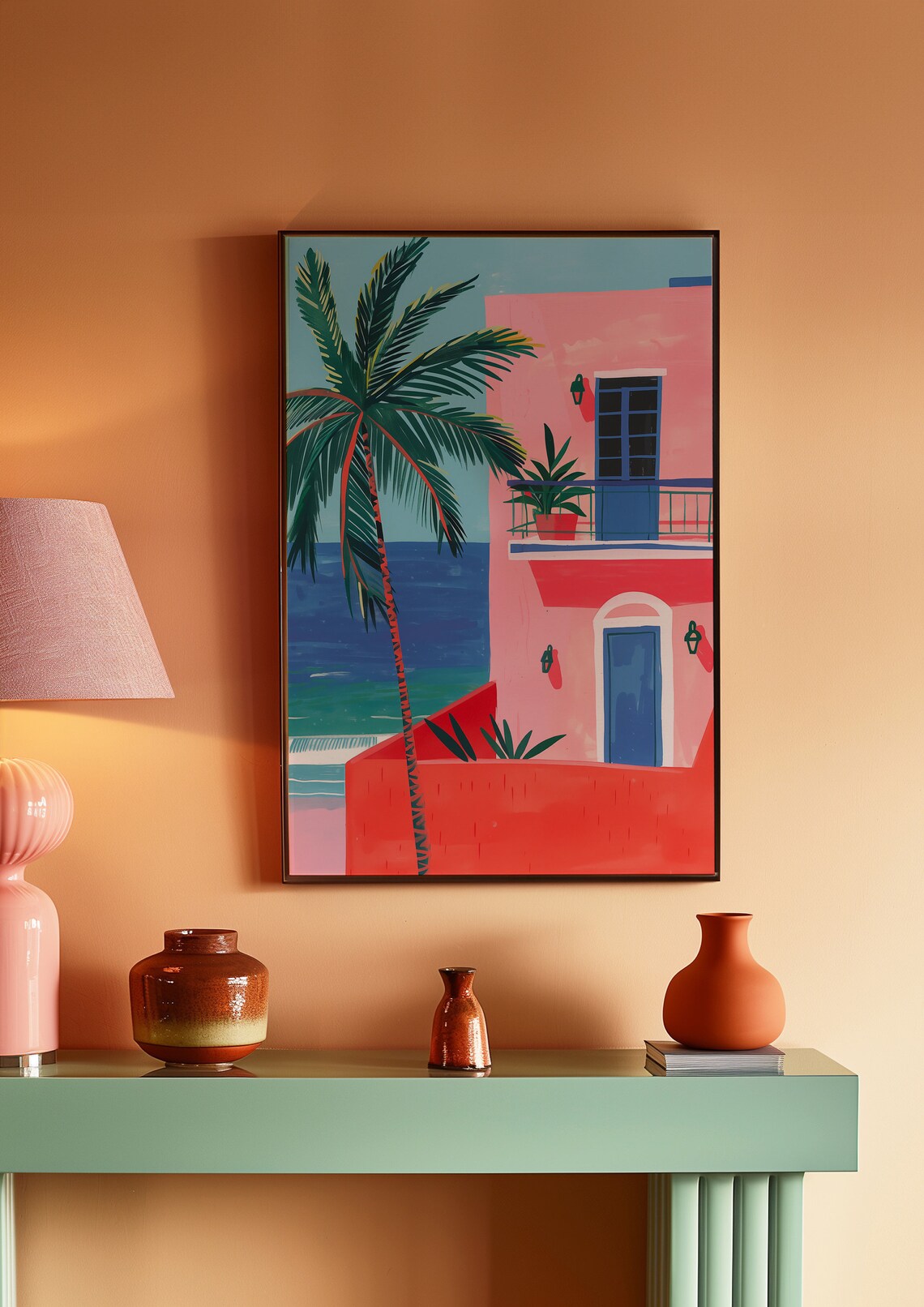 Pink Mediterranean Coastal House Palm Tree Blue Ocean Art Poster - Image 2