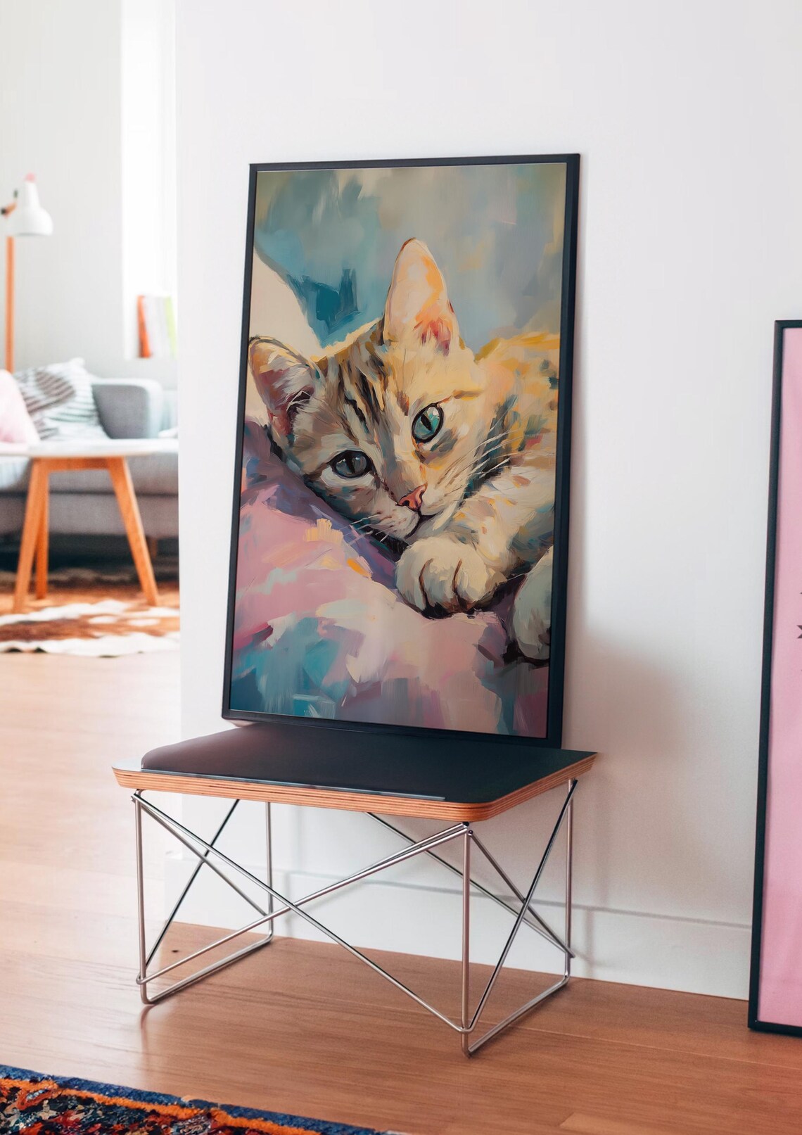 Tabby Kitten with Green Eyes on a Pink Cushion Portrait Poster - Image 4