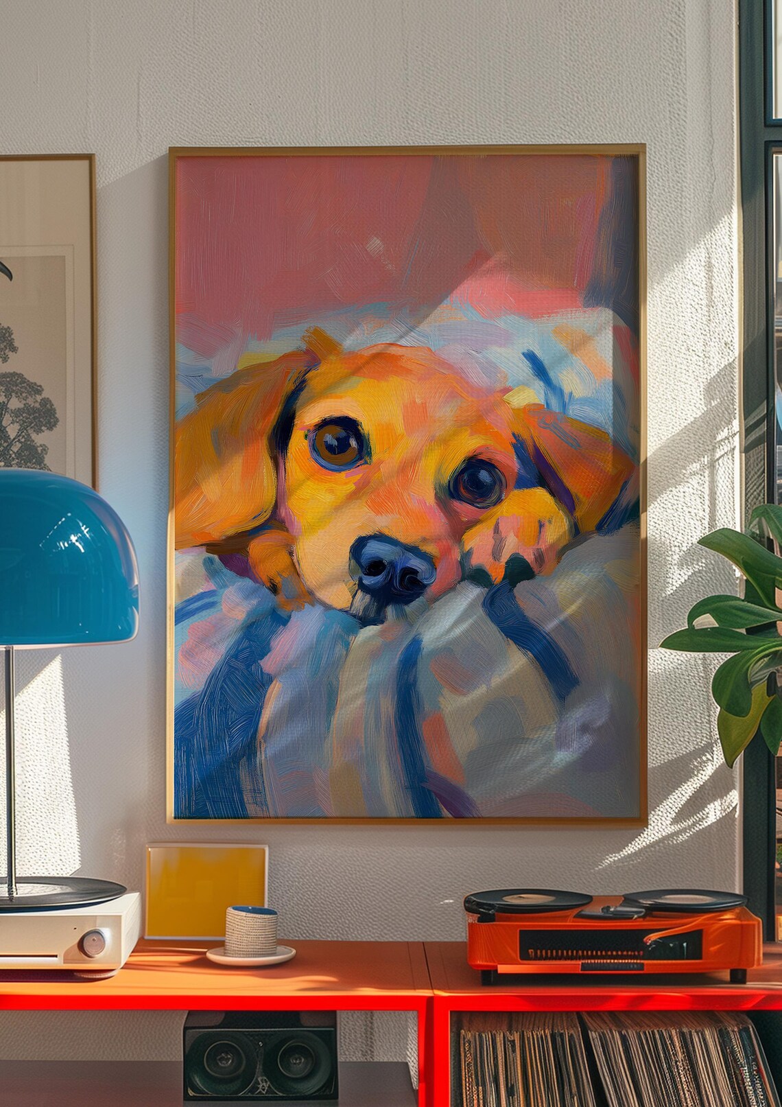 Golden Puppy Snuggled in a Blue Blanket Cute Painting Poster - Image 3