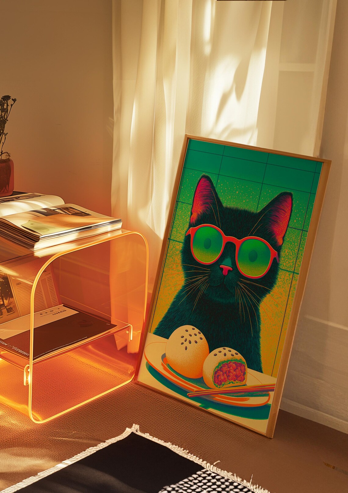 Cool Black Cat in Sunglasses with Bao Buns Neon Kitchen Art Poster - Image 3