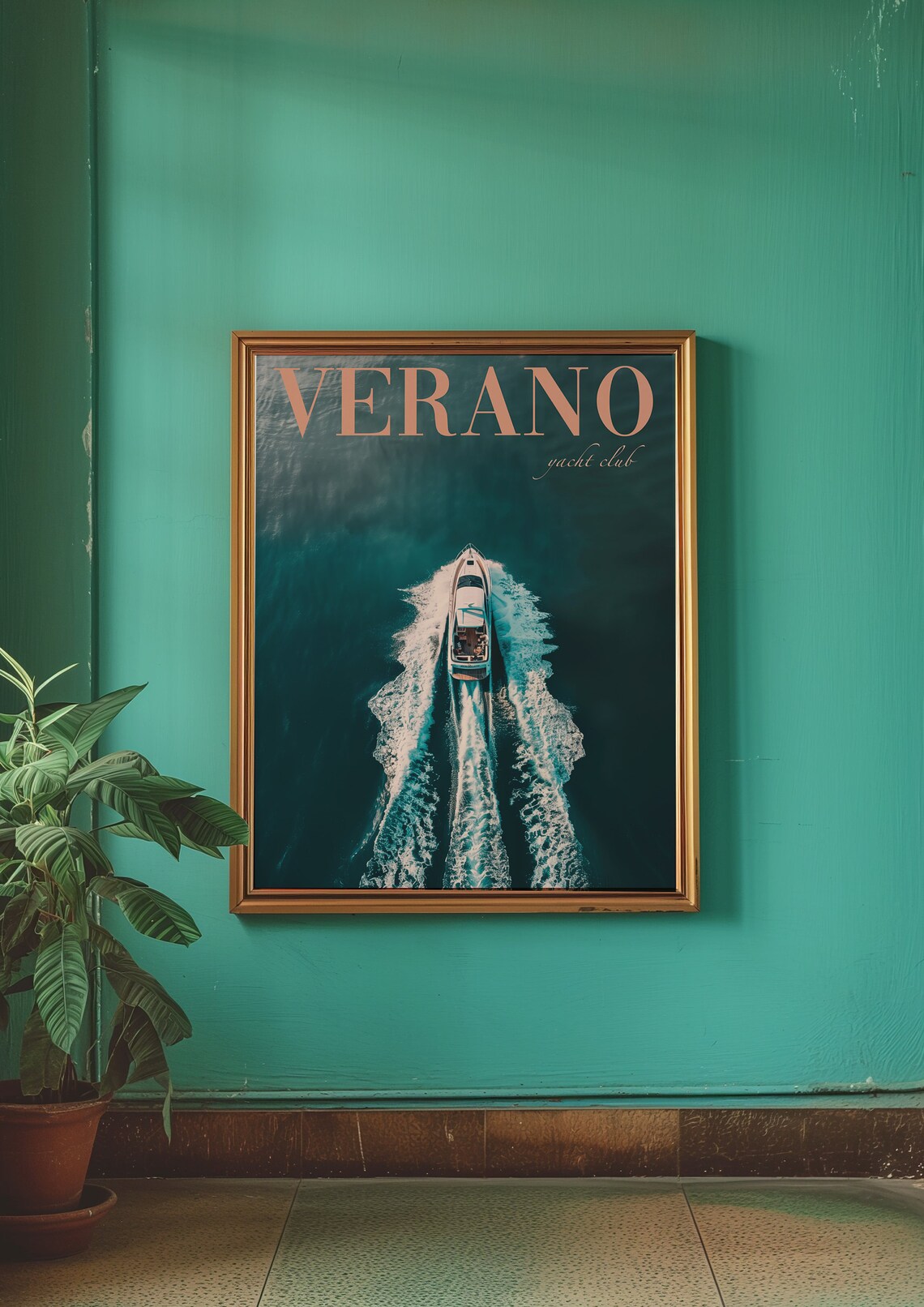 Verano Yacht Club Aerial Poster with Speedboat on Turquoise Water - Image 3