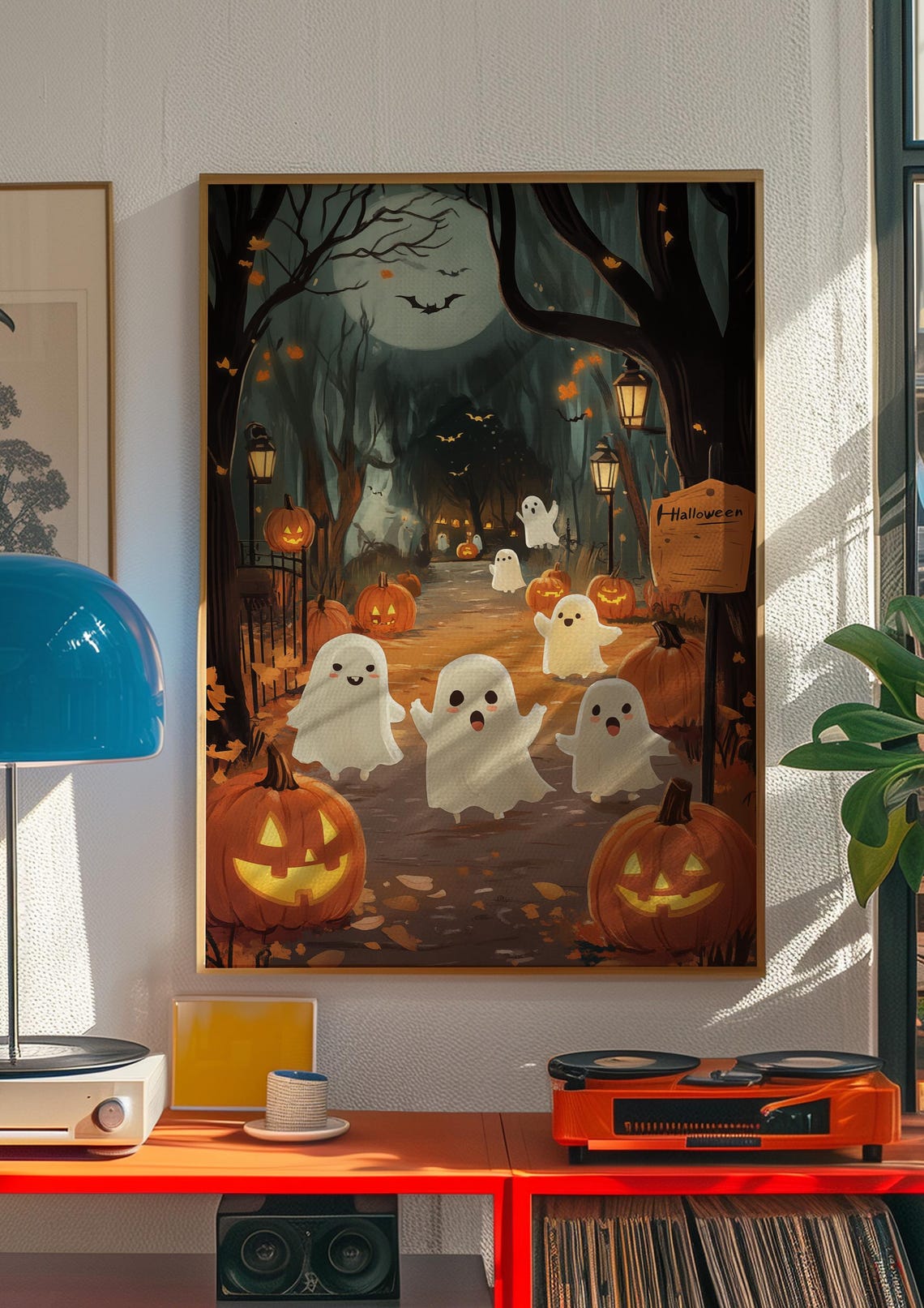 Cute Ghosts Halloween Night Pumpkin Path Moonlit Kids Art Poster - Image 4