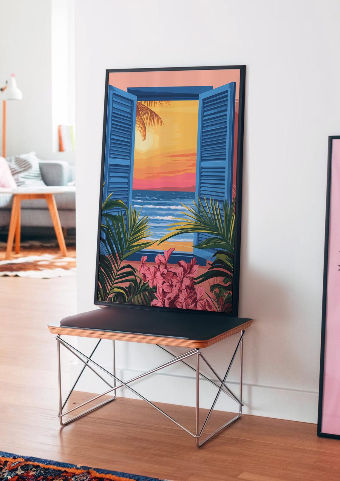 Blue Shutter Window View Over a Tropical Beach Sunset Poster - Image 4