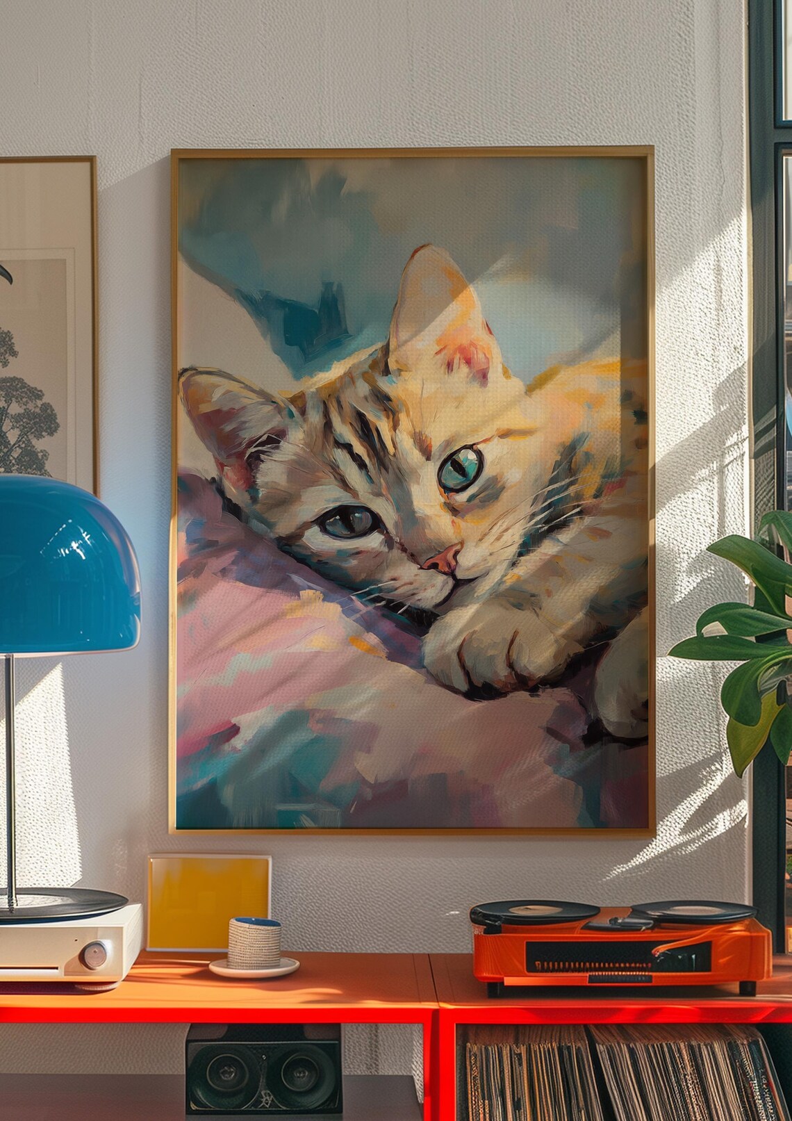 Tabby Kitten with Green Eyes on a Pink Cushion Portrait Poster - Image 3