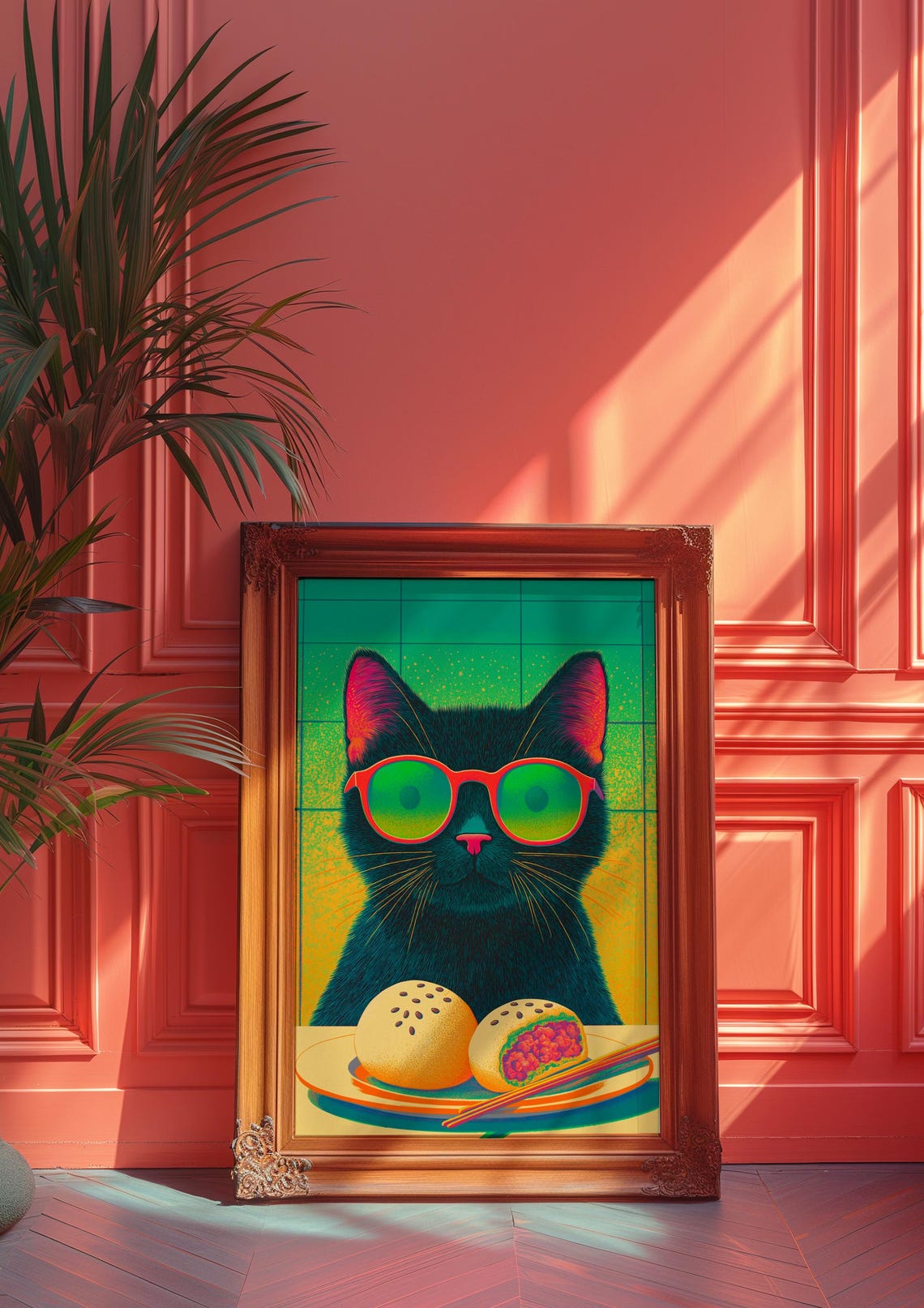 Cool Black Cat in Sunglasses with Bao Buns Neon Kitchen Art Poster - Image 2