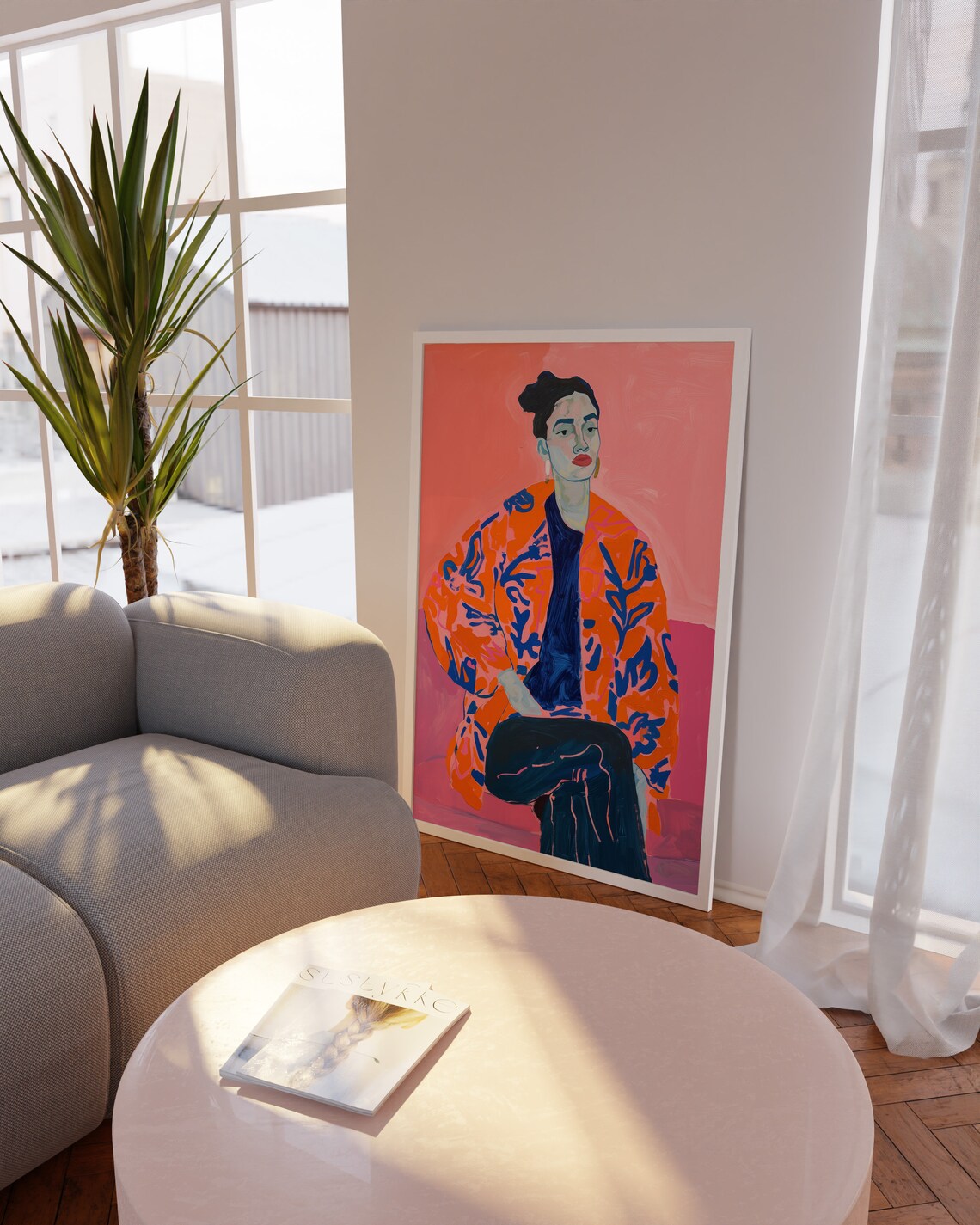 Colorful Painted Woman Portrait Poster in Orange Floral Kimono - Image 2