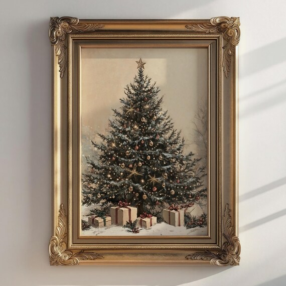 Elegant Decorated Christmas Tree With Gifts Classic Holiday Wall Art