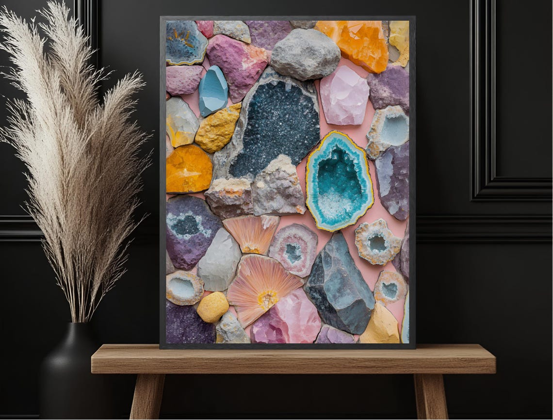 Rainbow Gemstone Crystal Geode Collage Mineral Blush Pink Art Print