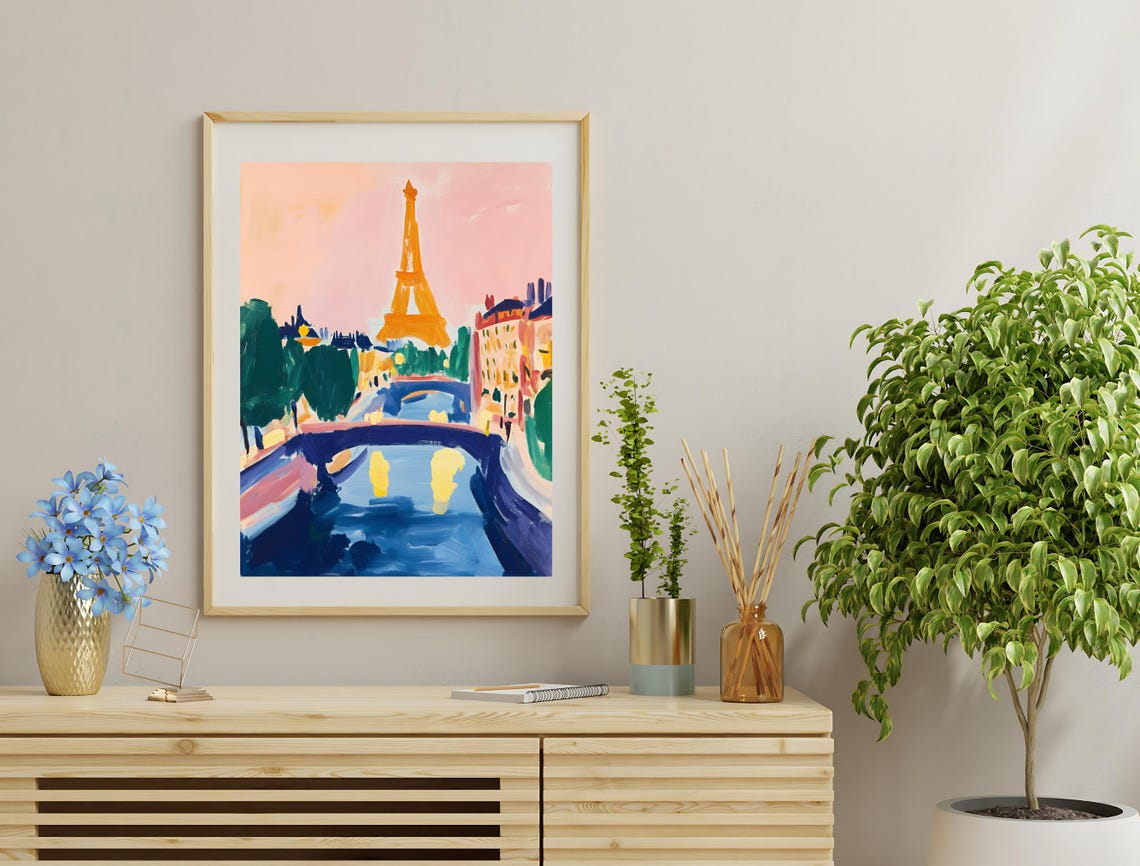 Paris Eiffel Tower Pink Sunset Seine Bridge Abstract Colorful Poster - Image 3